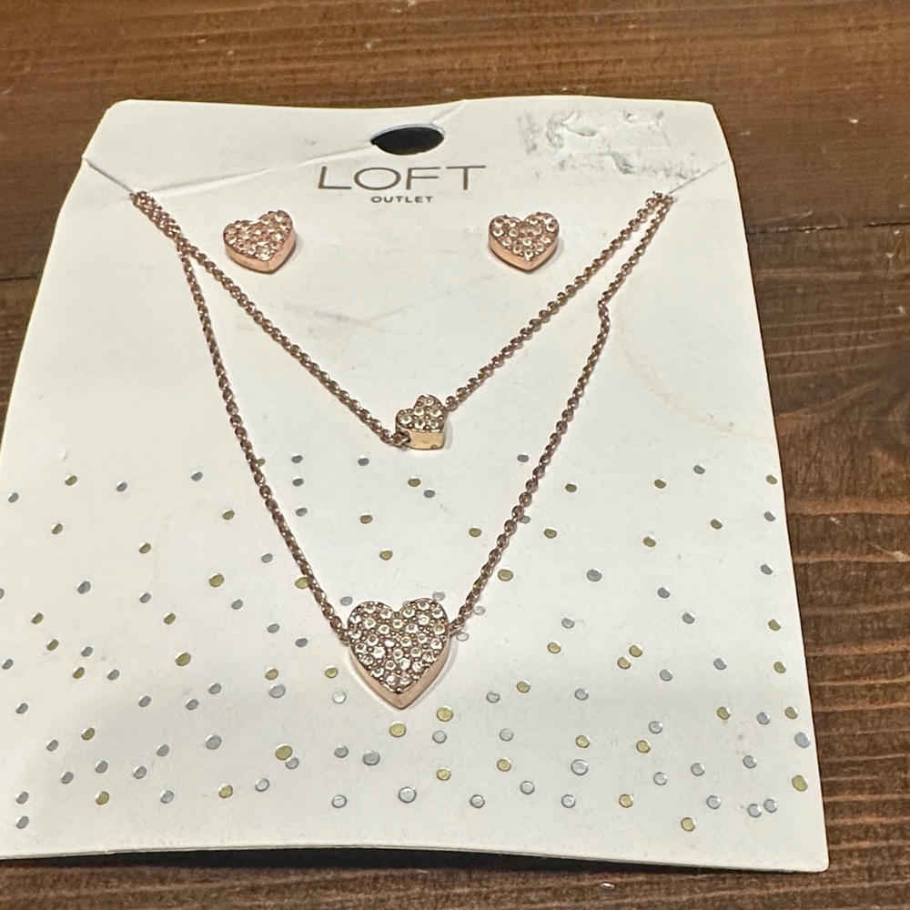 LOFT Rose Gold Layered Heart Necklace and Stud Earrings Set
